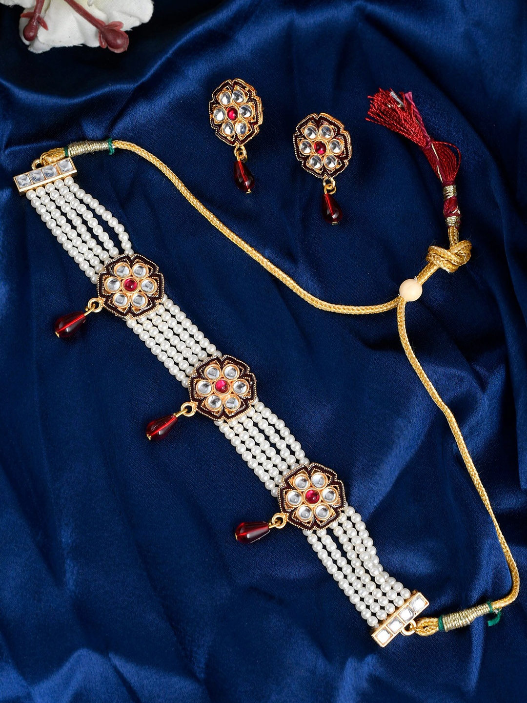 

Silvermerc Designs Gold-Plated Red & White Stone Studded & Pearl Beaded Meenakari Jewellery Set