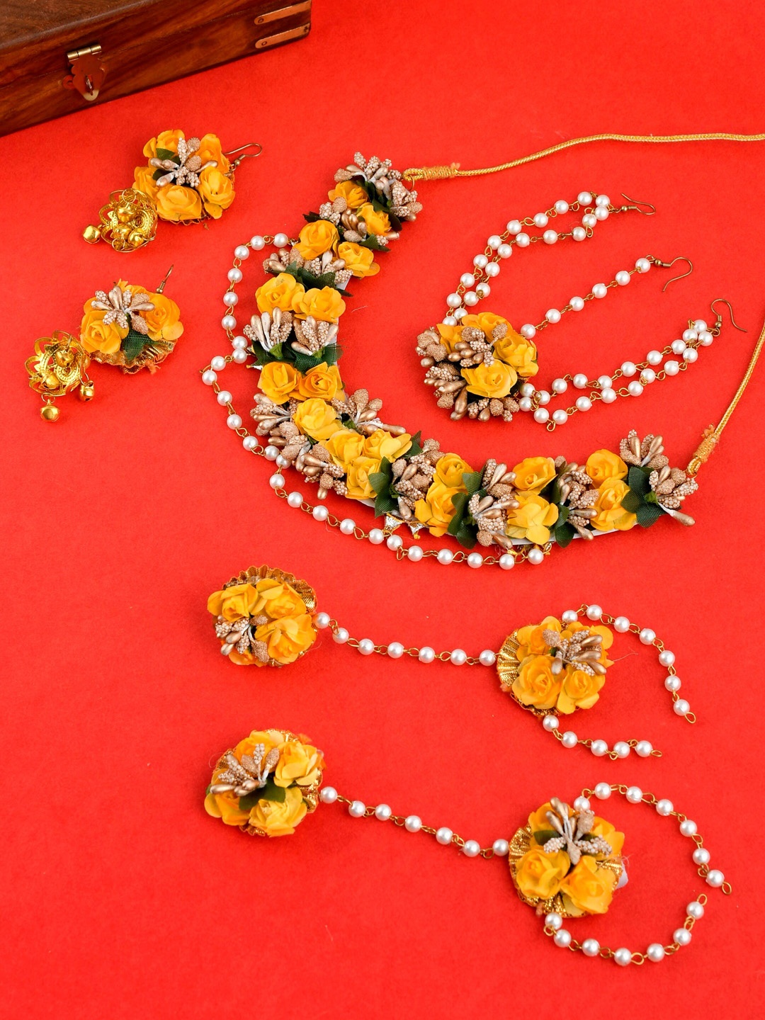 

Silvermerc Designs Yellow Brijwasini Flower Jewellery Set