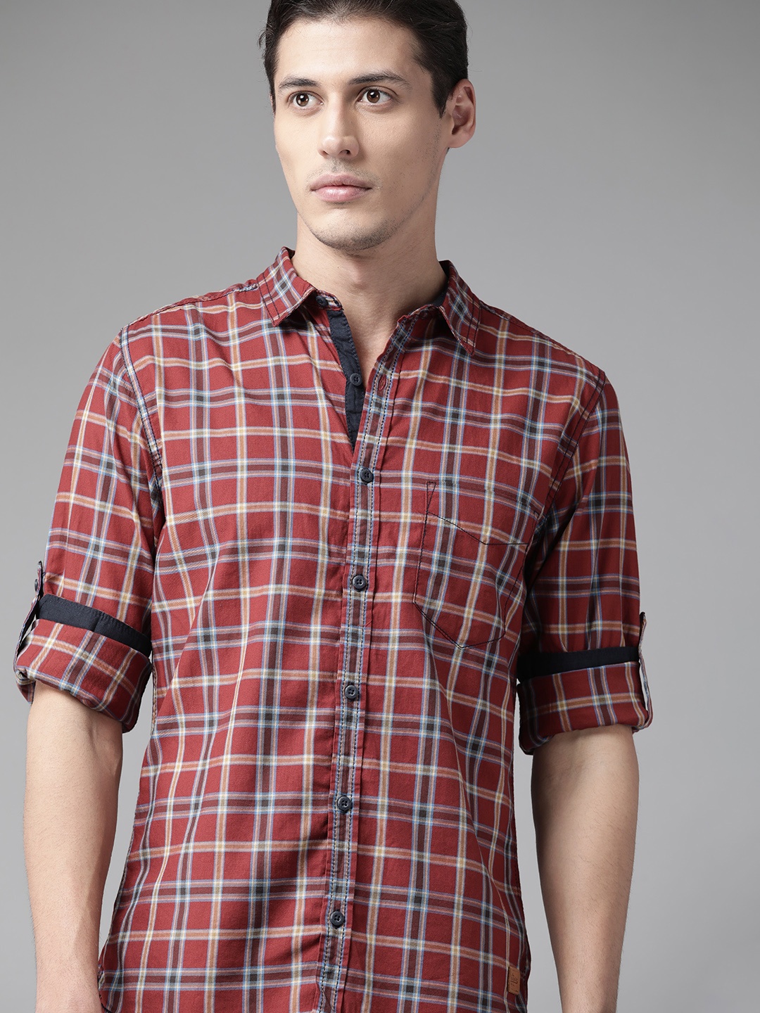 

Roadster Men Rust Tartan Checked Pure Cotton Casual Shirt