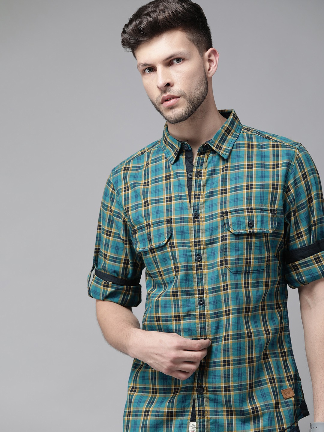 

Roadster Men Turquoise Blue & Mustard Yellow Pure Cotton Tartan Checks Casual Shirt