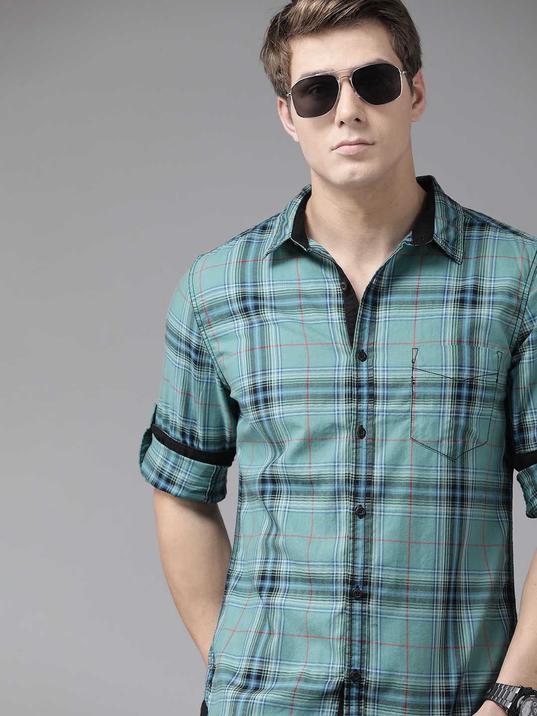 

Roadster Men Sea Green Tartan Checked Pure Cotton Sustainable Casual Shirt