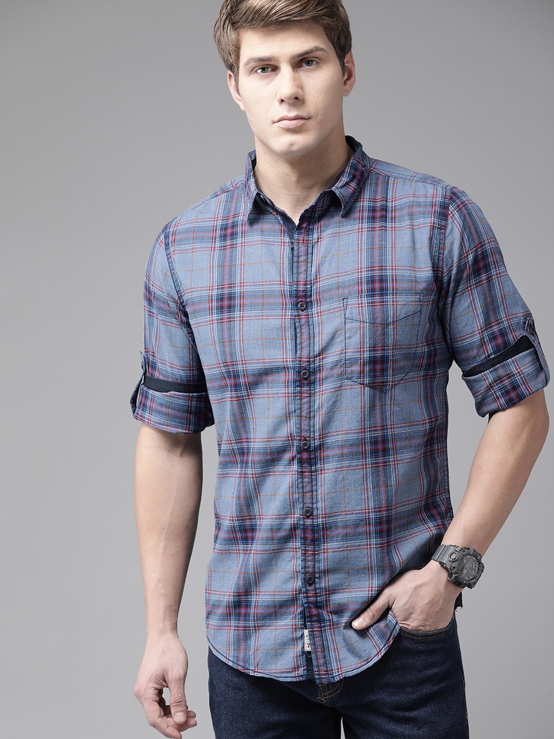 

Roadster Men Blue Tartan Checks Sustainable Casual Shirt