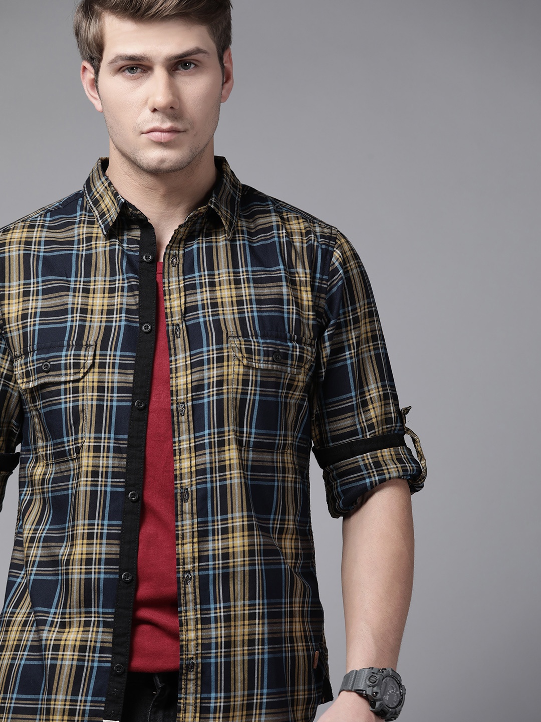 

Roadster Men Mustard Yellow & Blue Pure Cotton Tartan Checks Checked Sustainable Casual Shirt