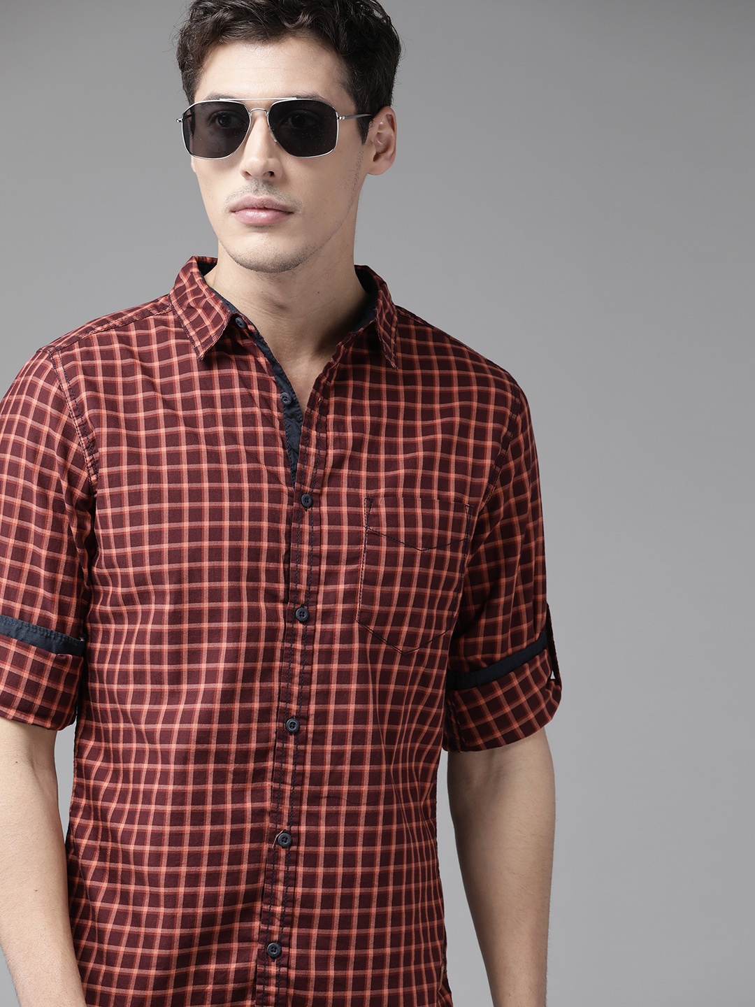 

Roadster Men Burgundy & Orange Tartan Checked Pure Cotton Casual Shirt