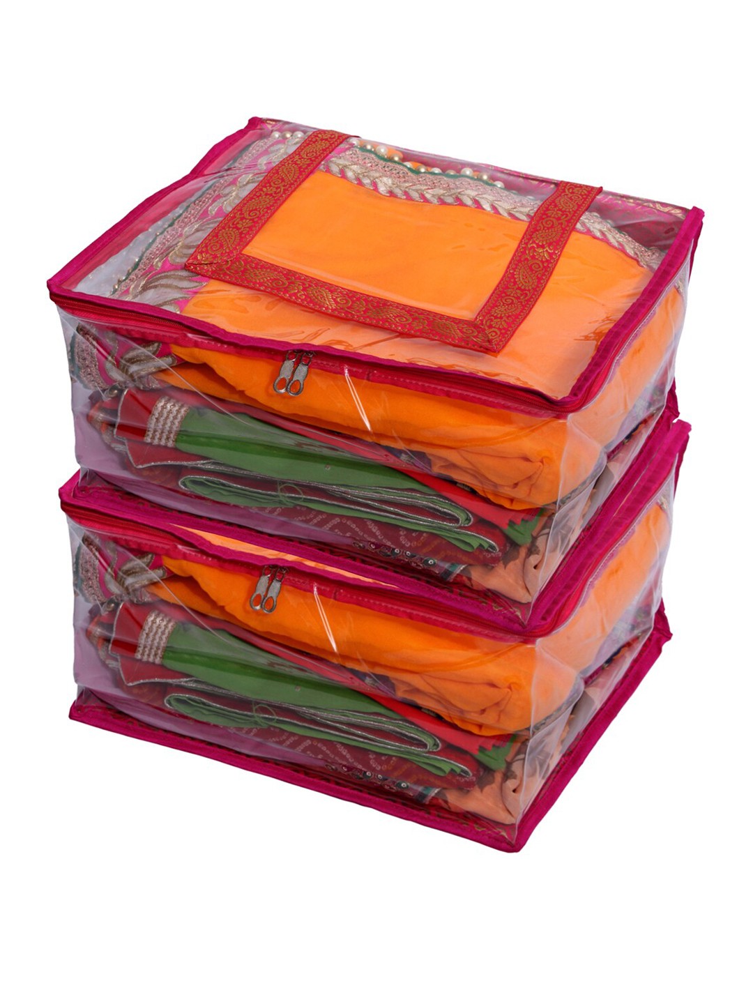 

Kuber Industries Set Of 2 Transparent & Pink Solid Saree Organisers