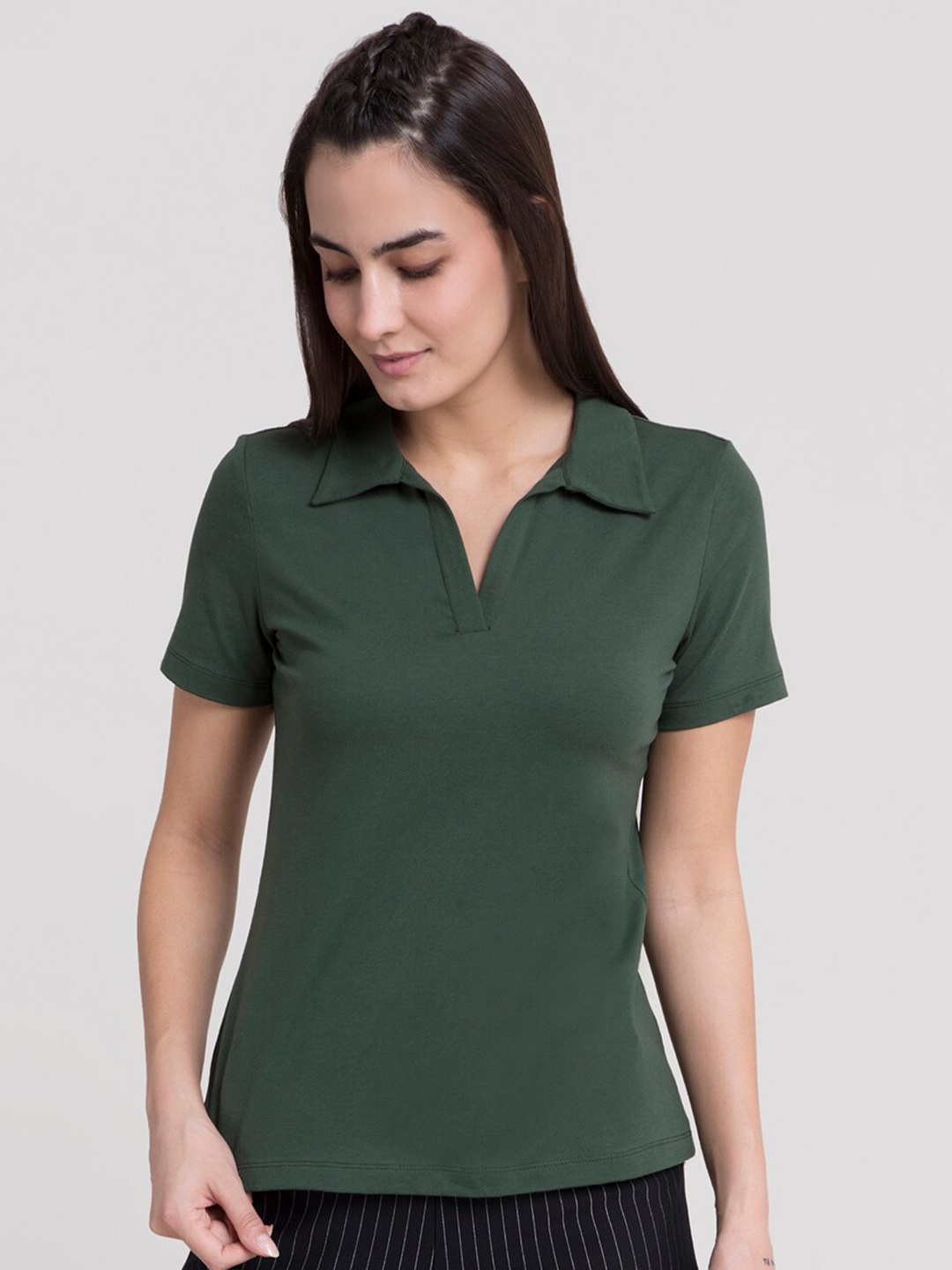 

FableStreet Women Olive Green Polo Collar Livin T-shirt