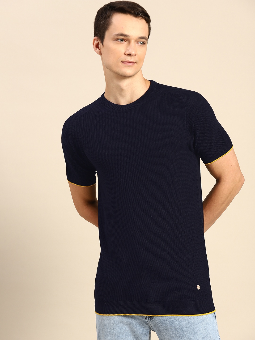 

United Colors of Benetton Men Navy Blue Self Design Cotton Pullover