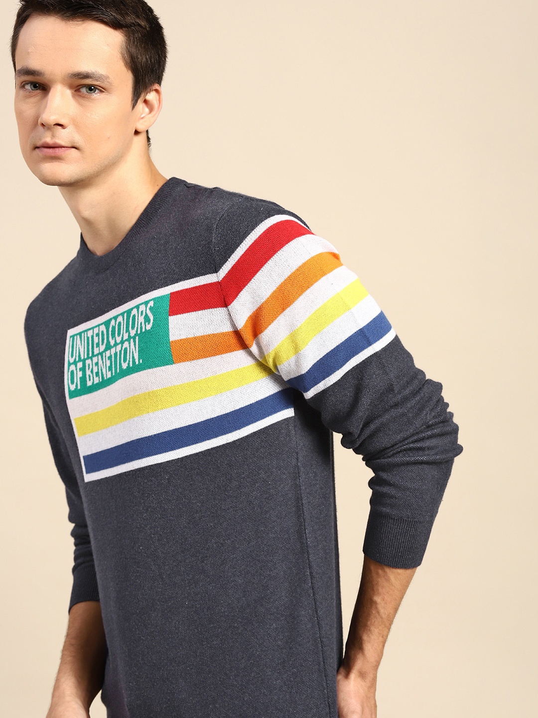 

United Colors of Benetton Men Navy Blue & Off-White Brand Logo Print Pure Cotton Pullover