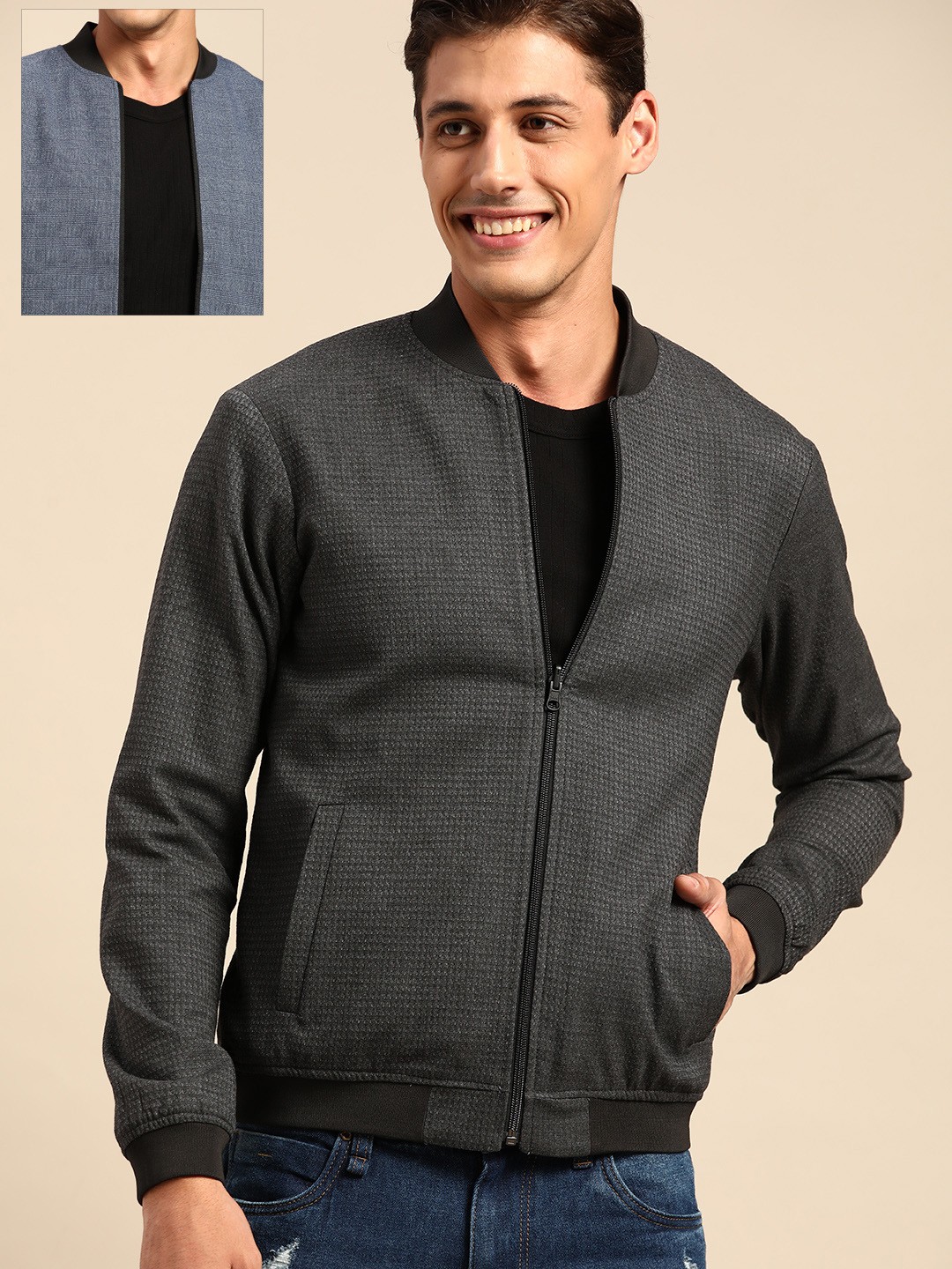 

United Colors of Benetton Men Navy Blue & Charcoal Grey Checked Reversible Bomber Jacket
