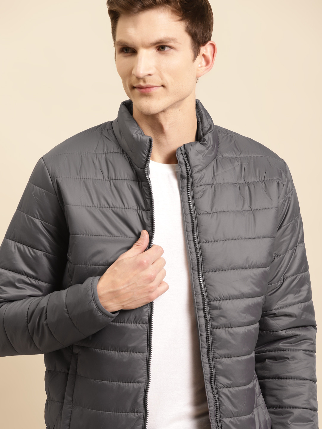 

United Colors of Benetton Men Charcoal Grey Solid Padded Jacket
