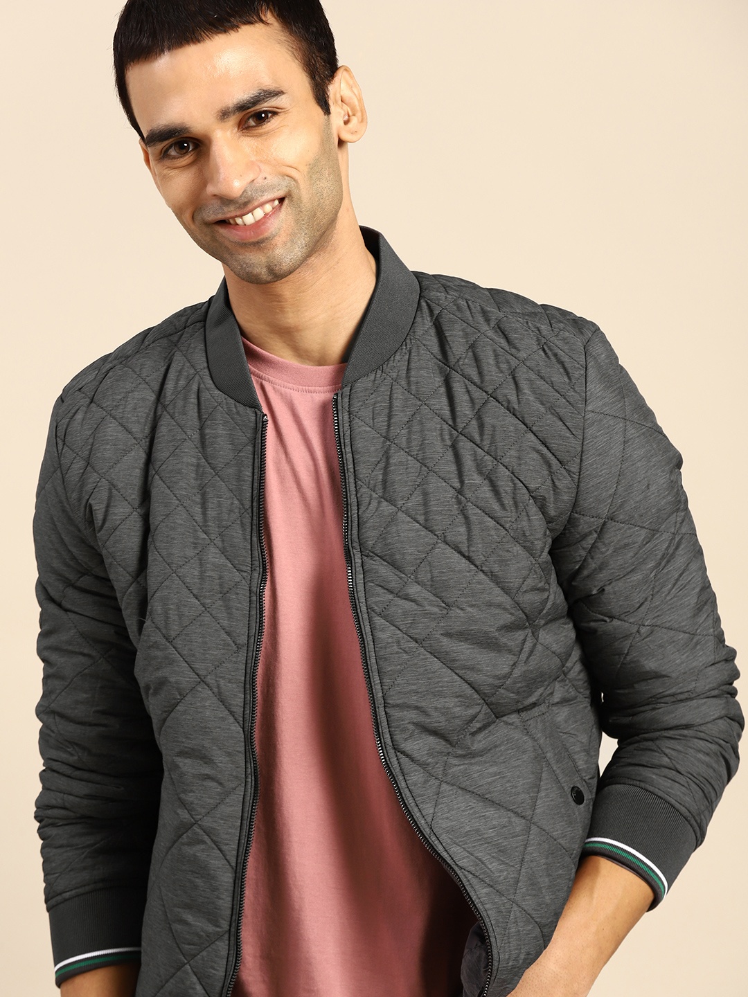 

United Colors of Benetton Men Charcoal Grey Quilted Bomber Jacket