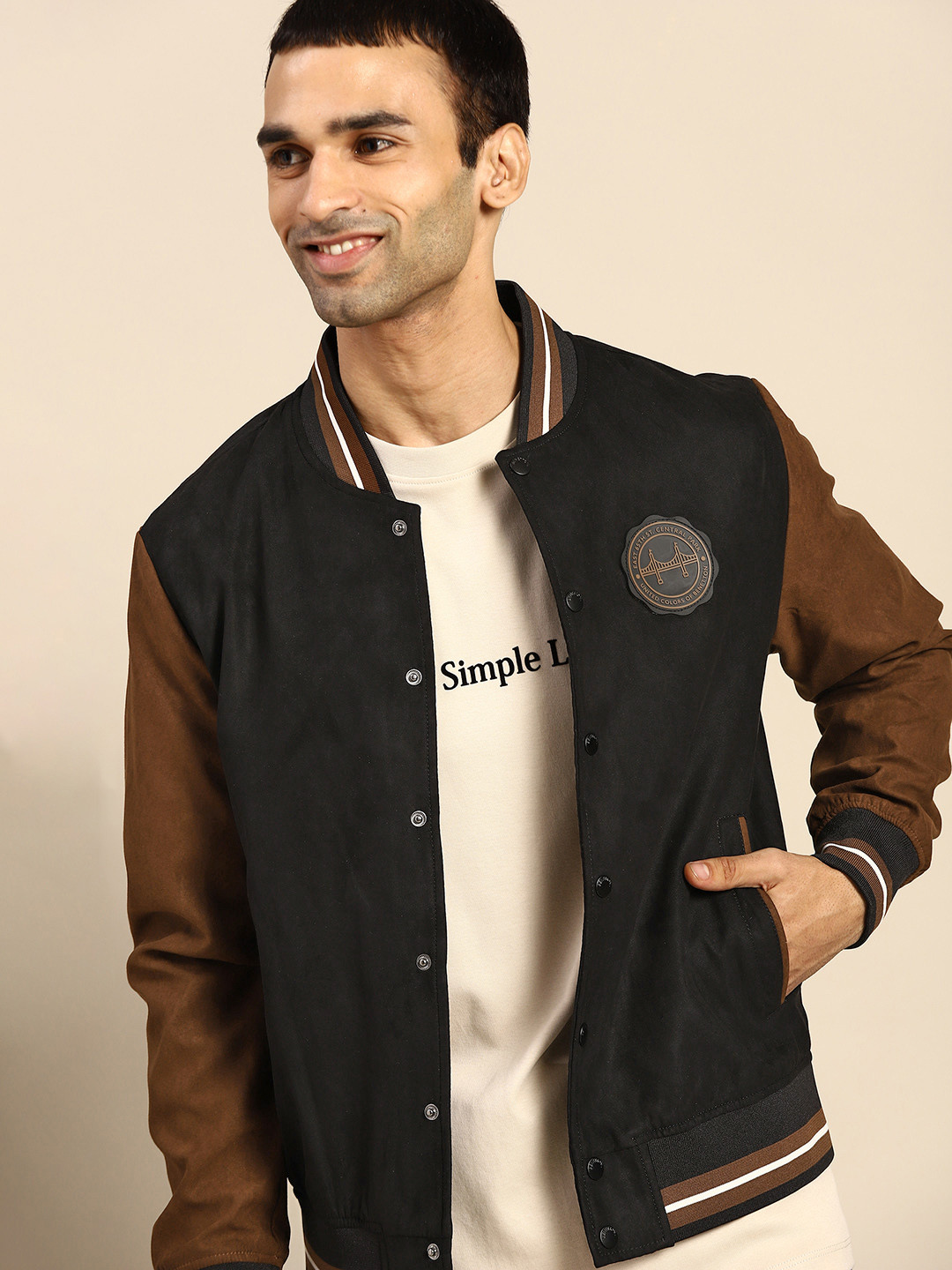 

United Colors of Benetton Men Black Solid Varsity Jacket with Patchwork