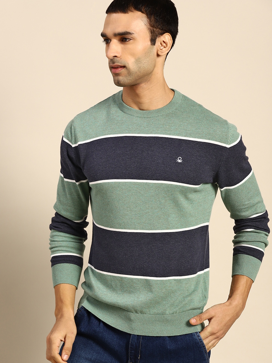 

United Colors of Benetton Men Navy Blue & Mint Green Striped Cotton Pullover