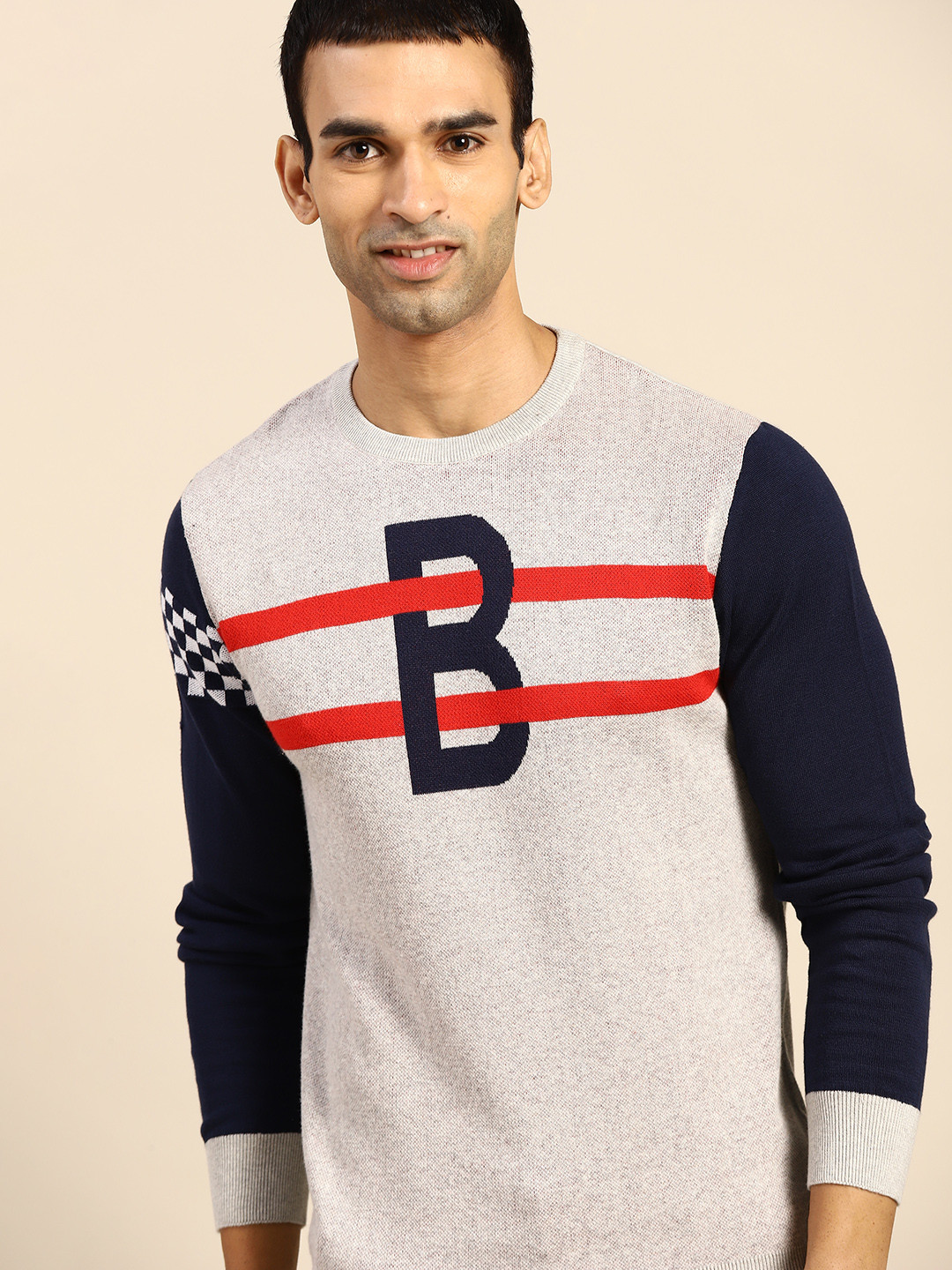 

United Colors of Benetton Men Grey Melange & Navy Blue Striped Cotton Pullover