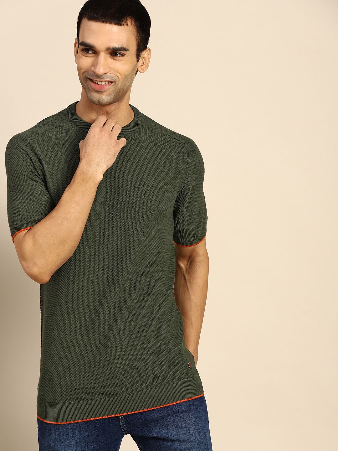 

United Colors of Benetton Men Olive Green Self Design Cotton Pullover