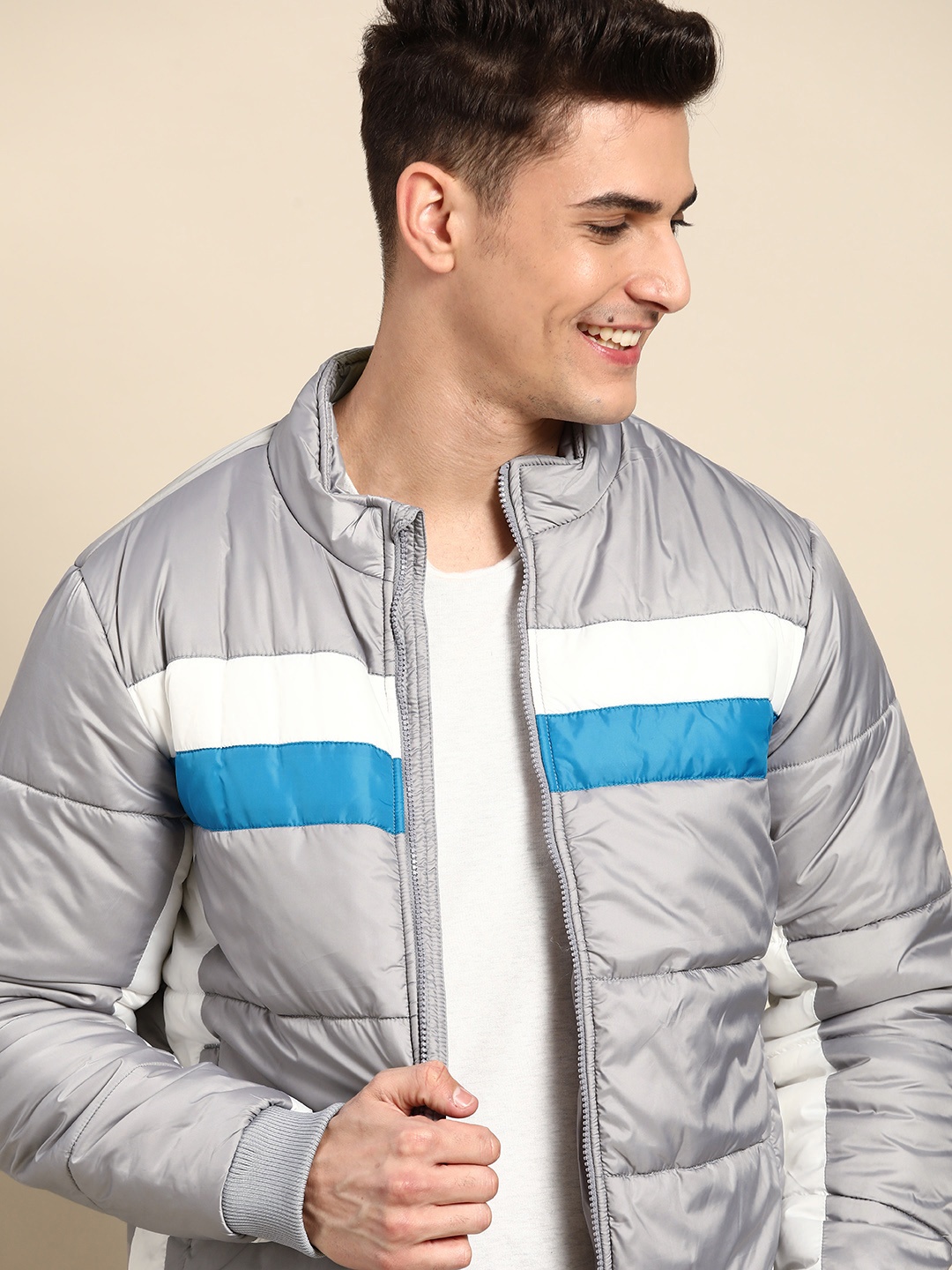 

United Colors of Benetton Men Grey & White Padded Jacket