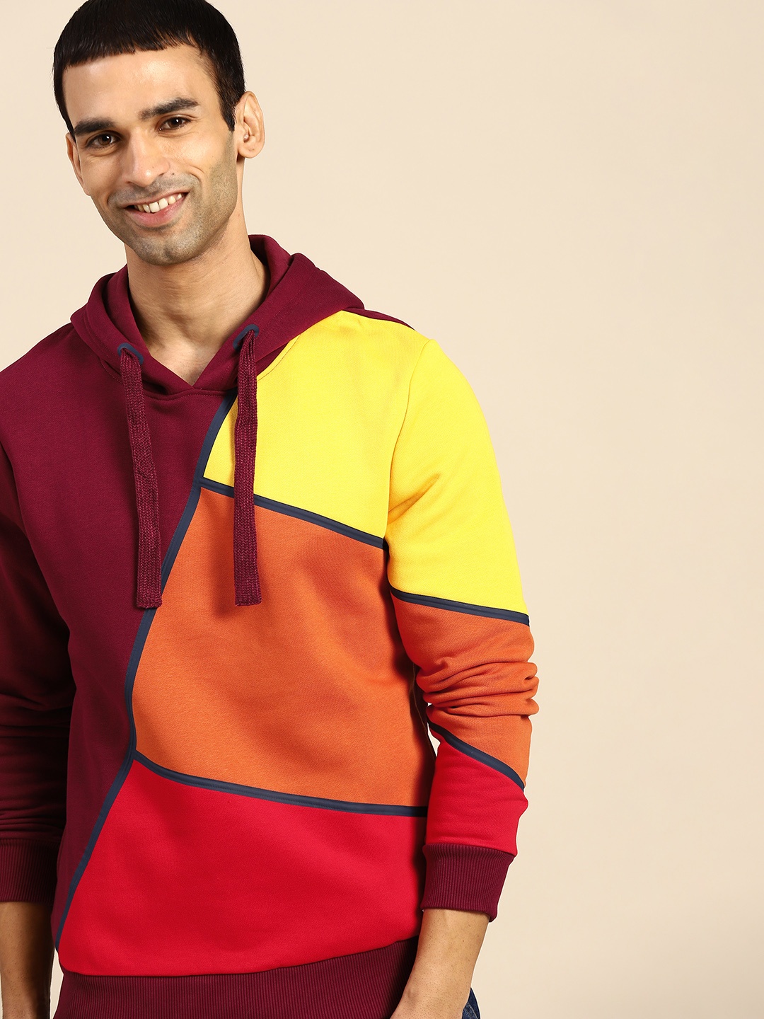 

United Colors of Benetton Men Maroon & Orange Colourblocked Hooded Sweatshirt