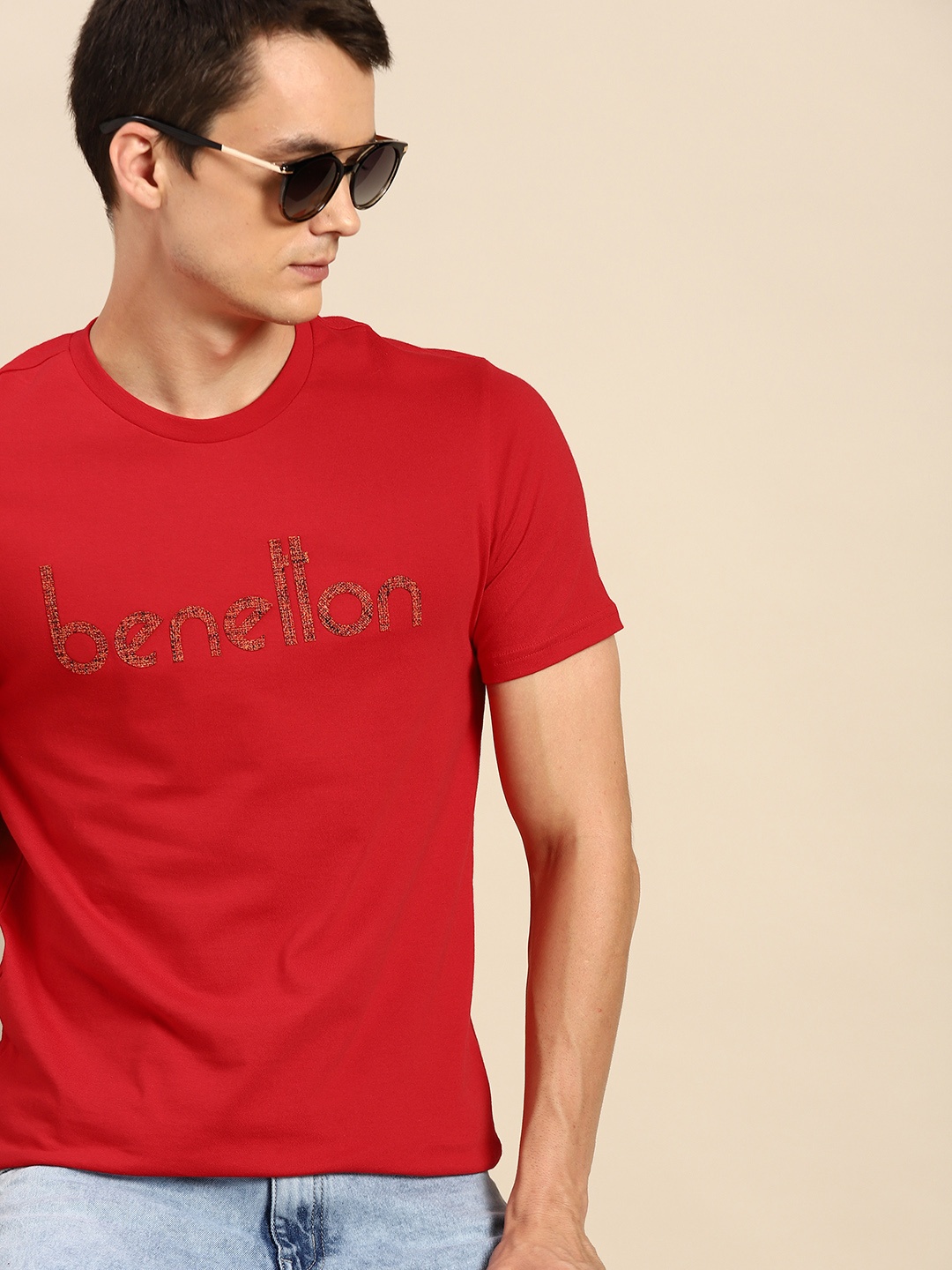 

United Colors of Benetton Men Red Pure Cotton Brand Logo Pure Cotton T-shirt
