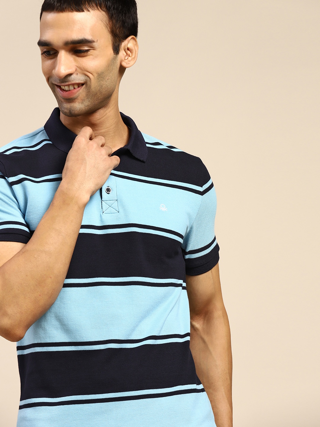 

United Colors of Benetton Men Turquoise Blue Navy Striped Polo Pure Cotton T-shirt