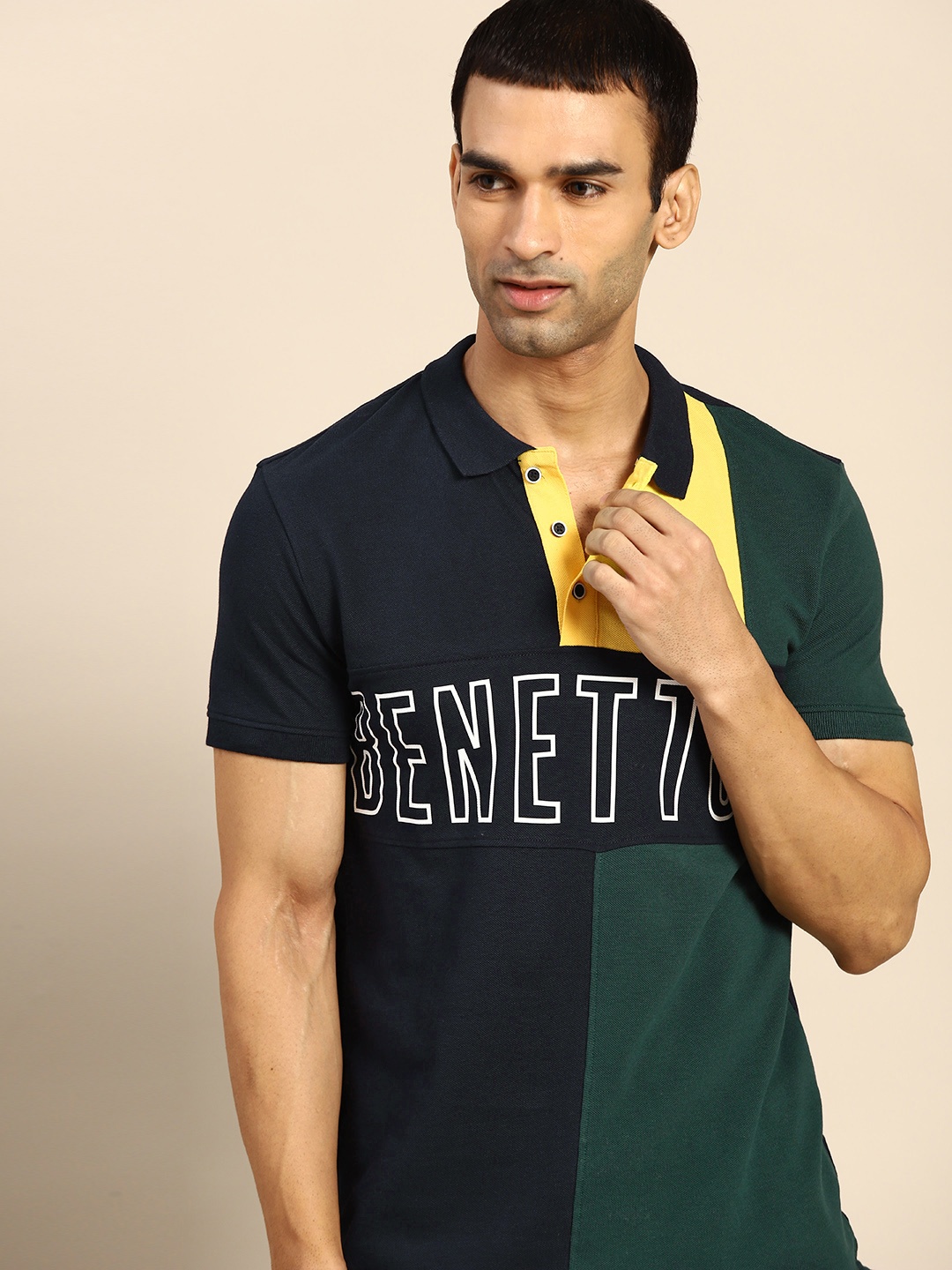 

United Colors of Benetton Men Navy Blue Green Colourblocked Pure Cotton T-shirt