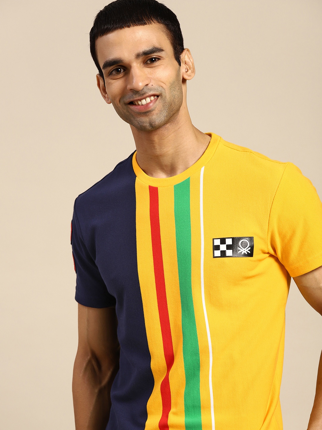 

United Colors of Benetton Men Yellow Navy Pure Cotton Striped Pure Cotton T-shirt