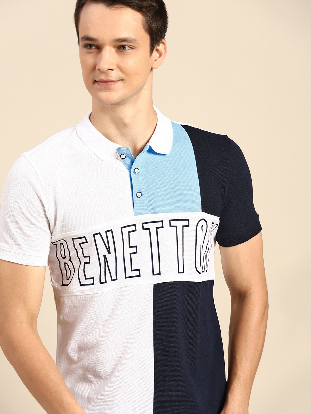 

United Colors of Benetton Men White & Blue Colourblocked Polo Pure Cotton T-shirt