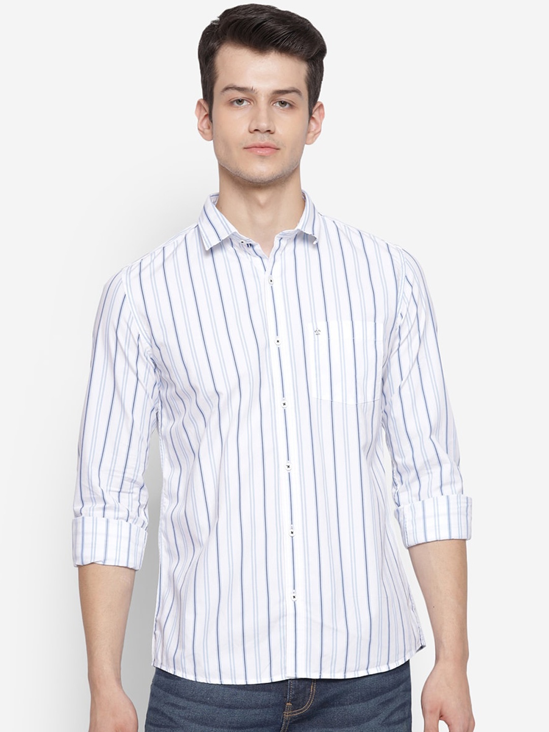 

Turtle Men White Slim Fit Opaque Striped Casual Shirt