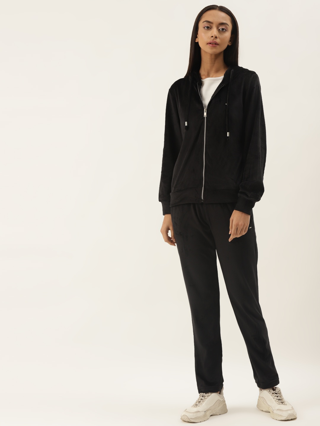 

Okane Women Black Velvet Finish Solid Tracksuit