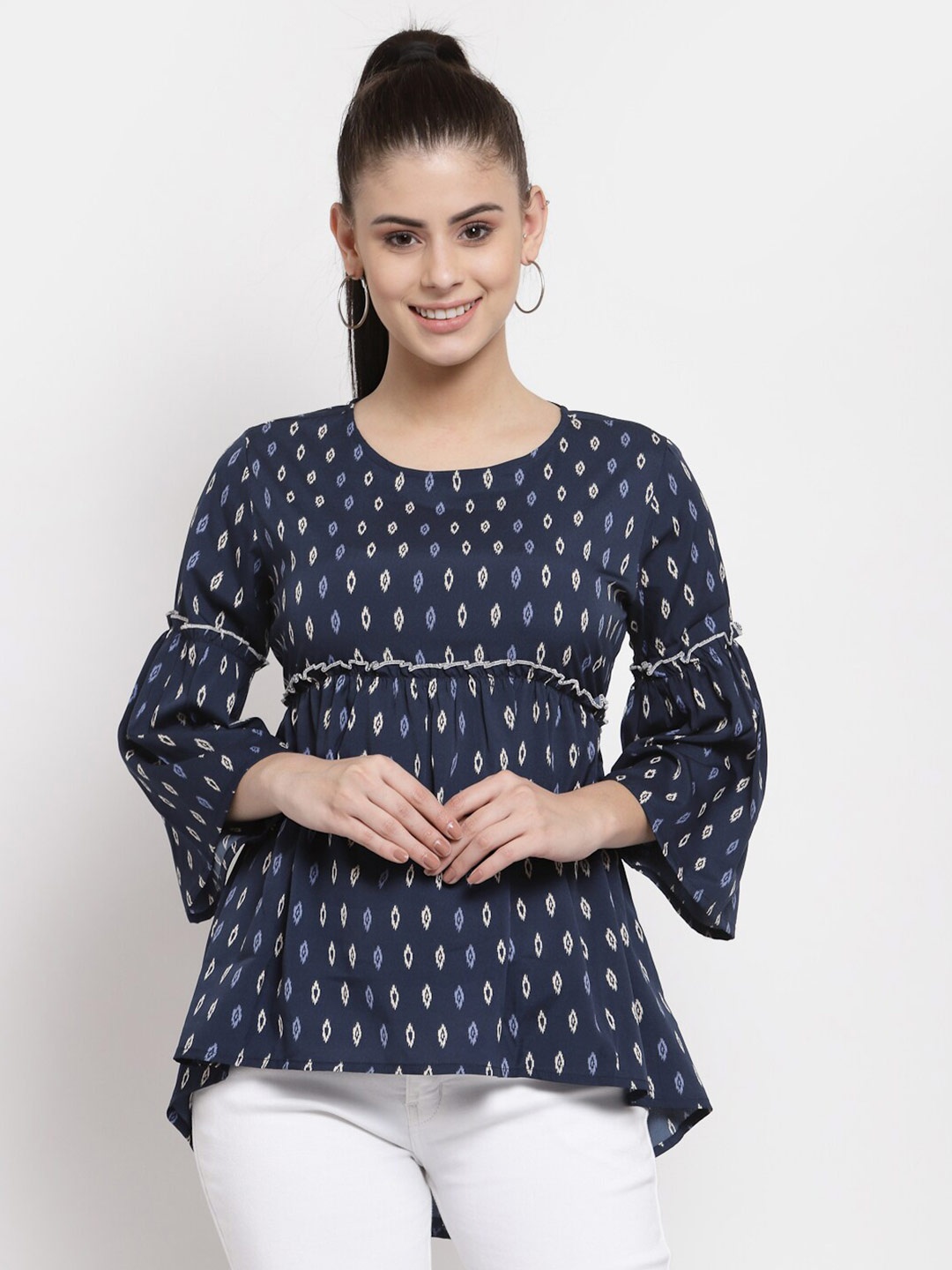 

Style Quotient Navy Blue & Off White Crepe Empire Top