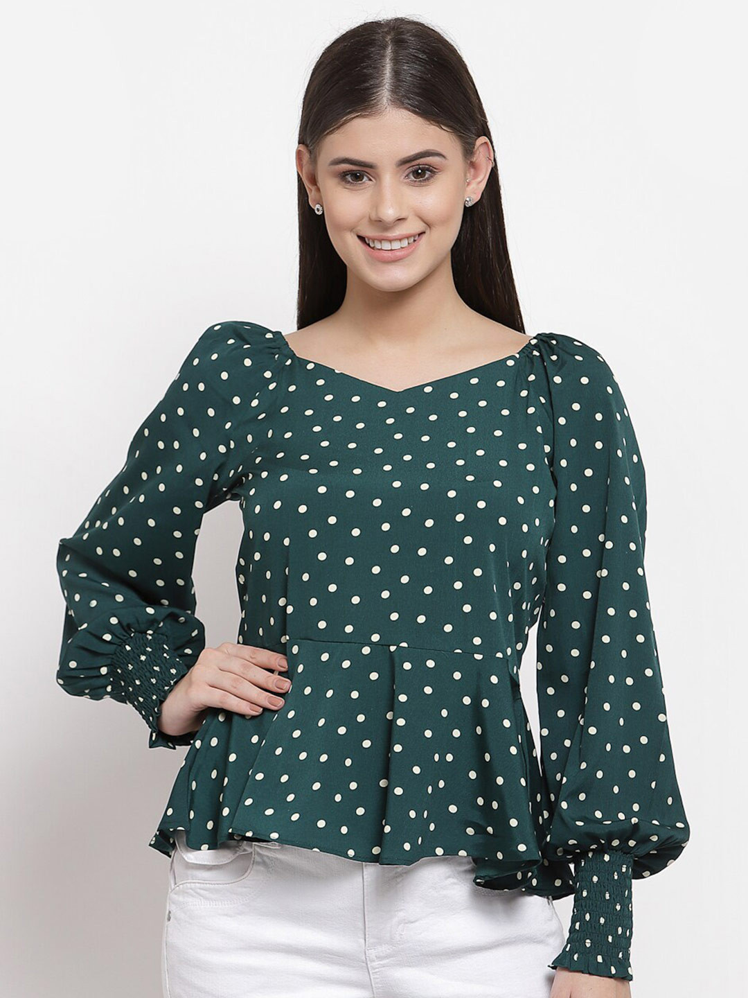 

Style Quotient Green Polka Dots Printed Crepe Peplum Top