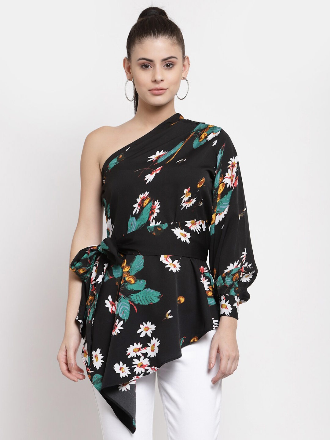 

Style Quotient Black & Green Floral One Shoulder Crepe Regular Longline Top With Tie Ups