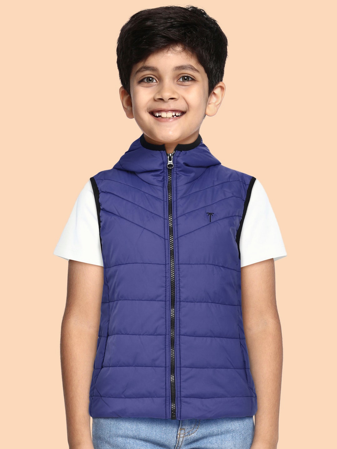 

Palm Tree Boys Blue Solid Hooded Sleeveless Padded Jacket
