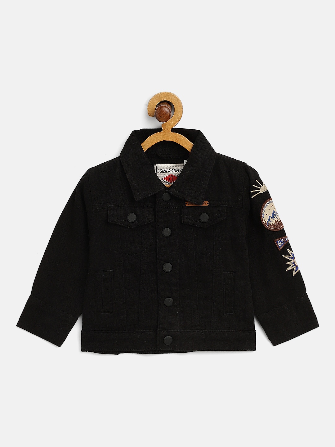 

Gini and Jony Boys Black Solid Cotton Denim Jacket with Applique Detail