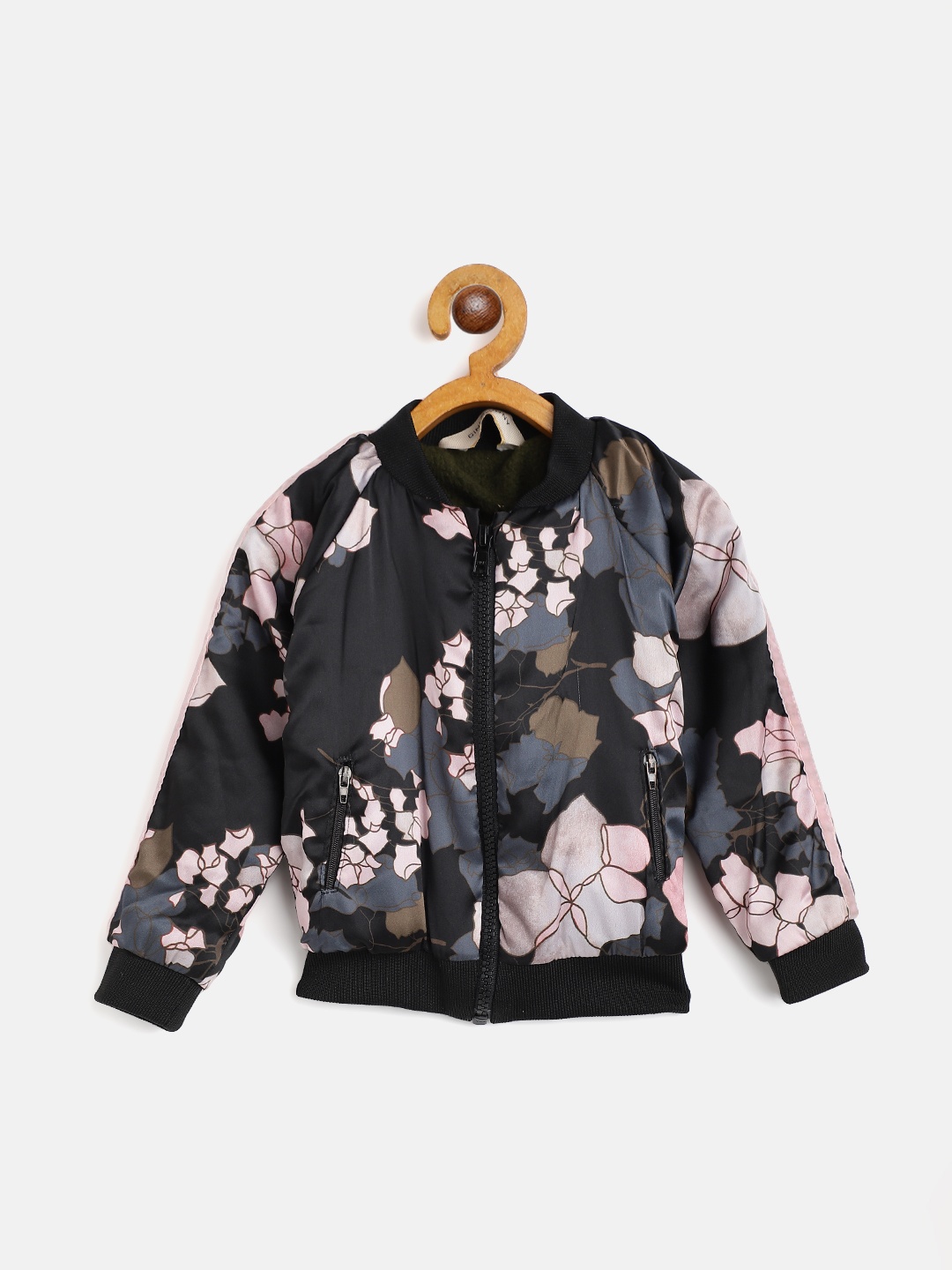 

Gini and Jony Girls Black & Pink Floral Print Bomber Jacket with Side Taping Detail