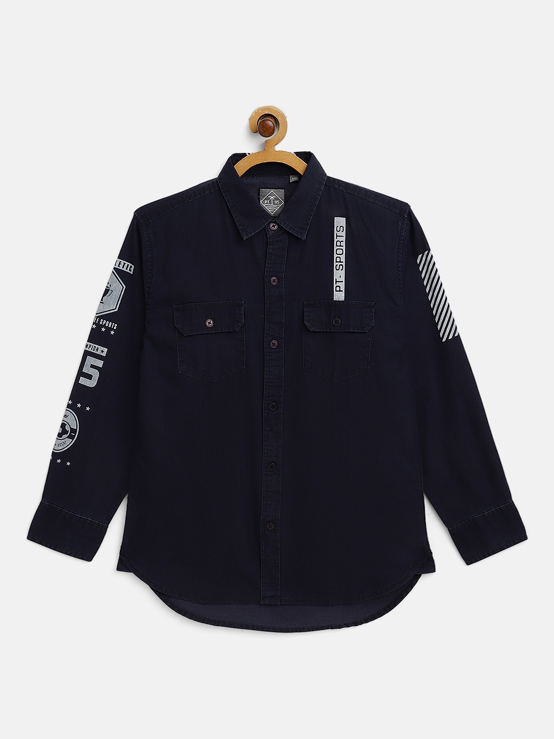 

Palm Tree Boys Navy Blue & White Brand Logo Print Pure Cotton Chambray Casual Shirt