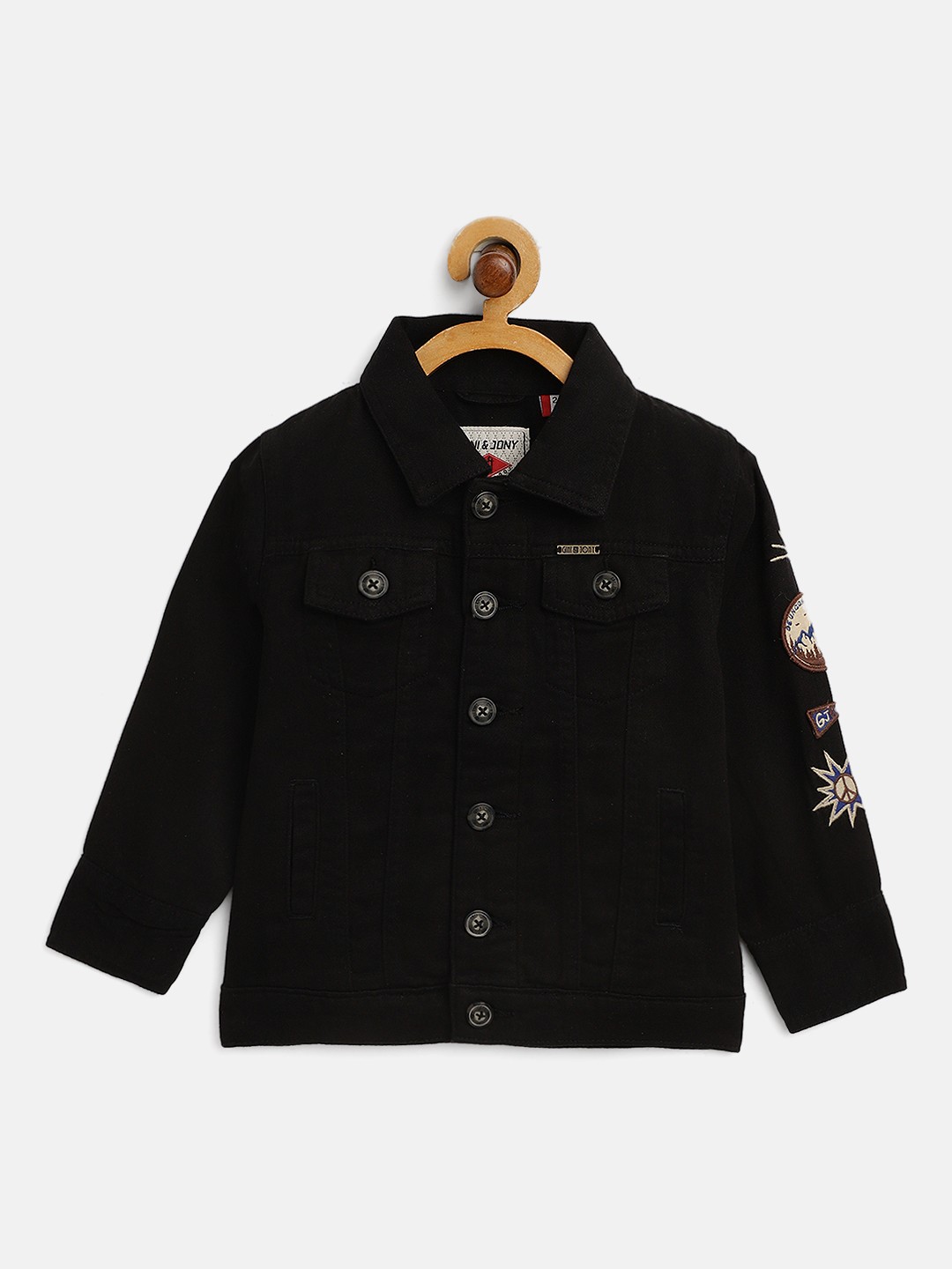 

Gini and Jony Boys Black Solid Cotton Denim Jacket with Applique Detail