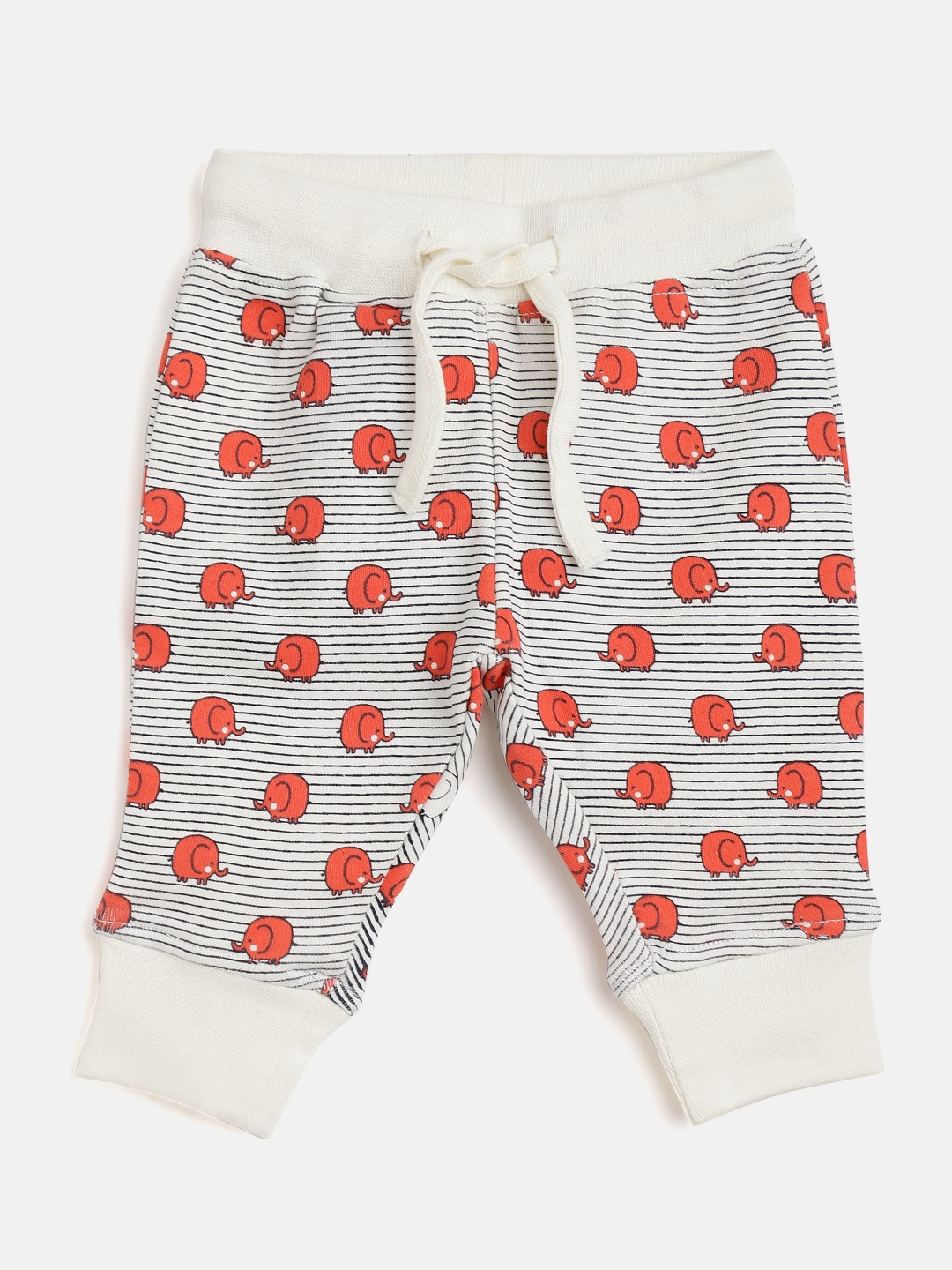 

Gini and Jony Infant Girls Off-White & Orange Striped & Elephant Print Cotton Joggers