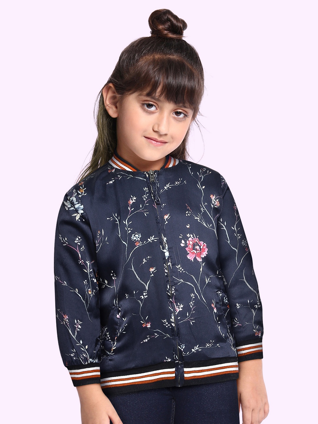 

Gini and Jony Girls Navy Blue & Red Floral Print Satin Finish Bomber Jacket