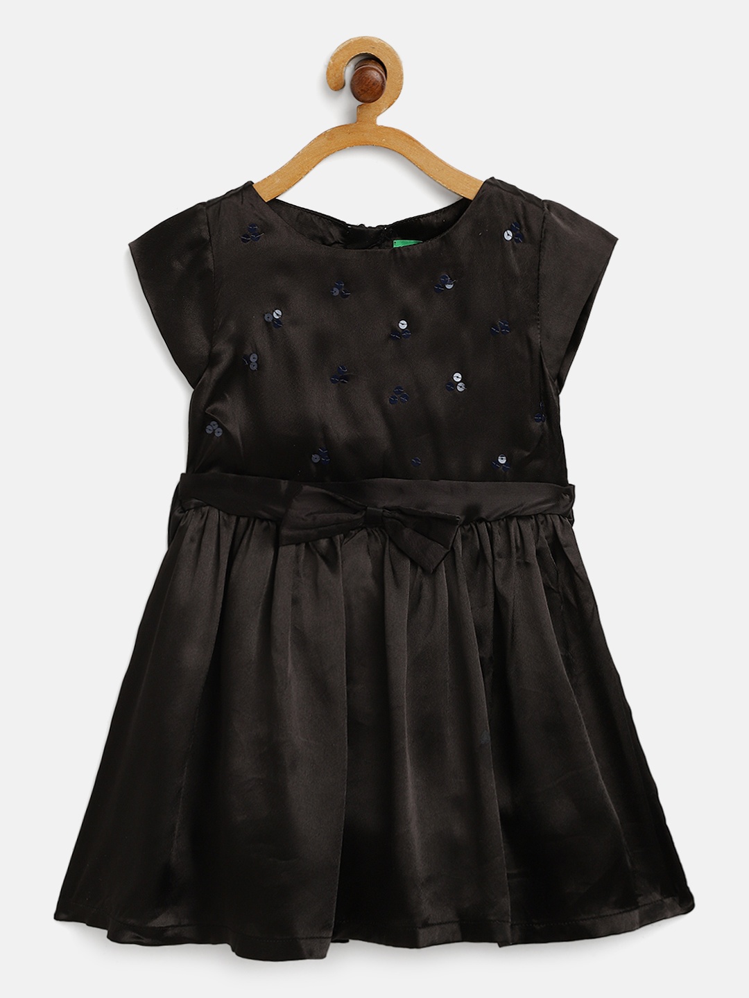 

Palm Tree Girls Black Sequined Satin Fit & Flare Dress with Waist Tie-Ups