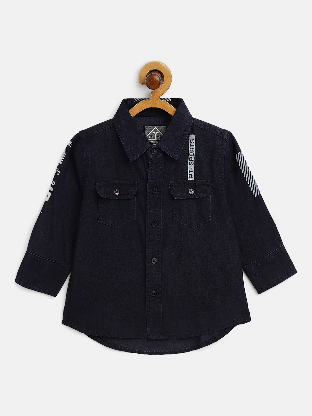 

Palm Tree Infant Boys Navy Blue Brand & White Brand Logo Back Print Denim Cotton Shirt