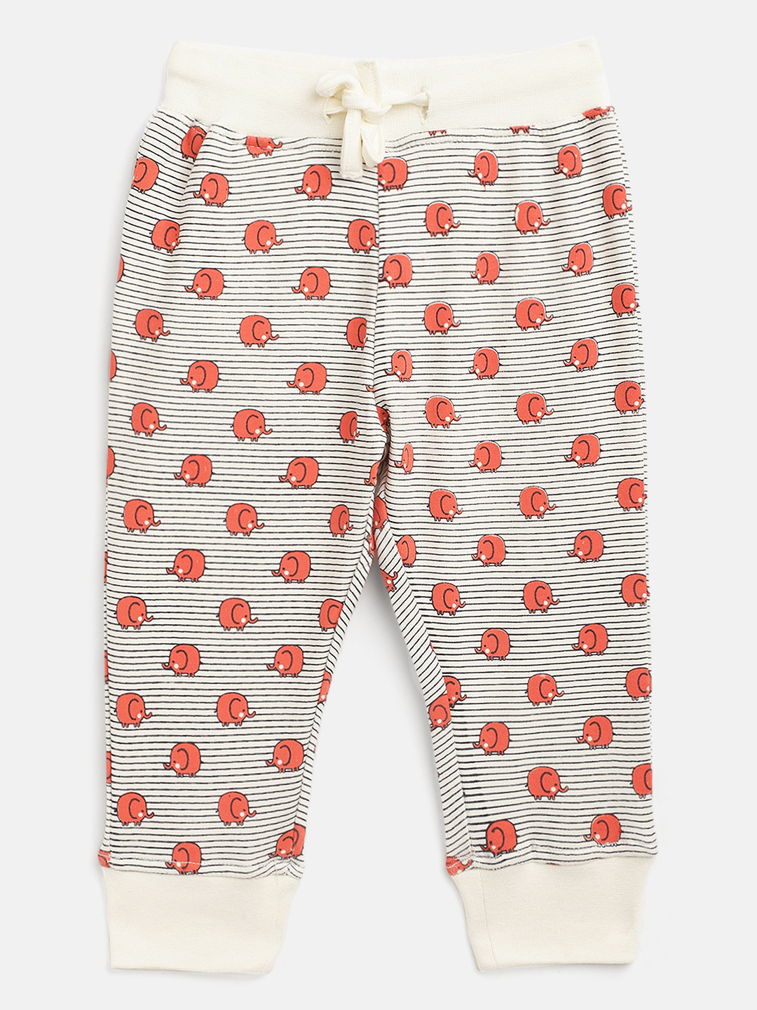 

Gini and Jony Infant Girls Off-White & Orange Striped & Elephant Print Cotton Joggers