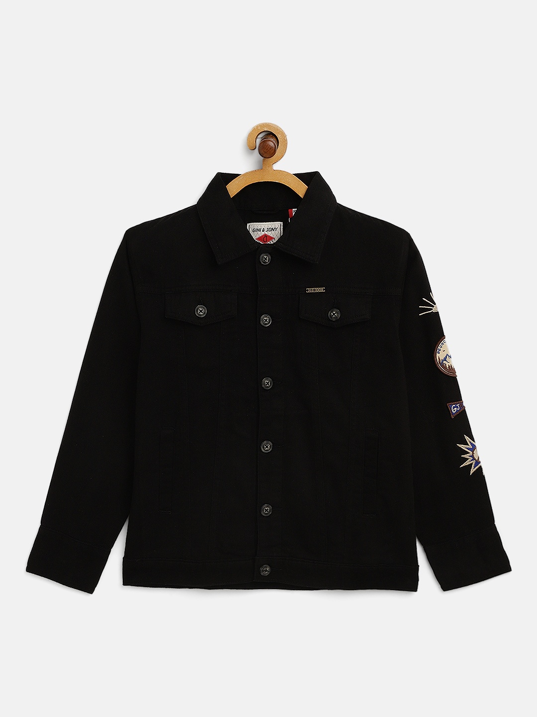 

Gini and Jony Boys Black Solid Cotton Denim Jacket with Applique Detail