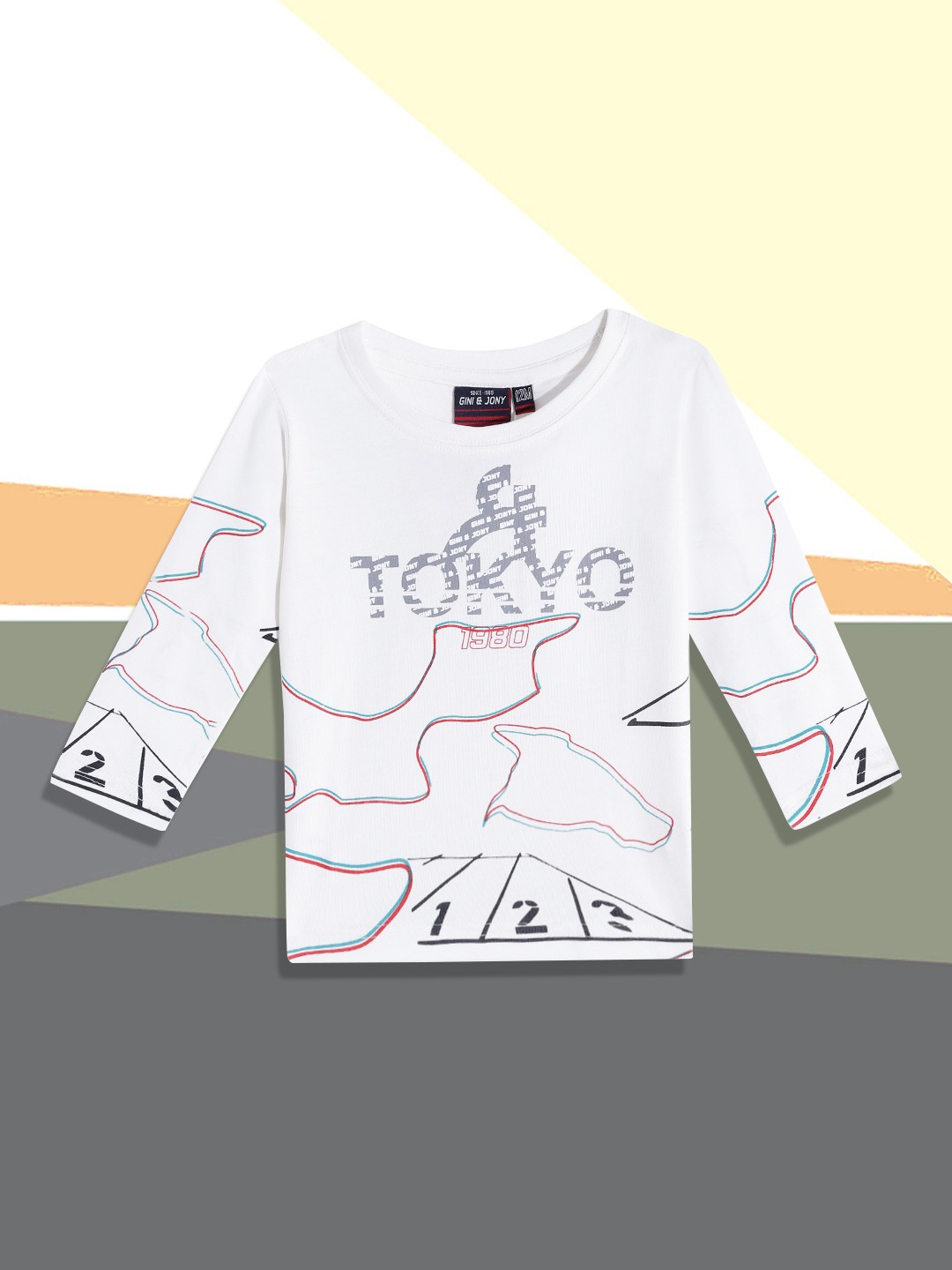 

Gini and Jony Infant Boys White & Red Printed Pure Cotton T-shirt
