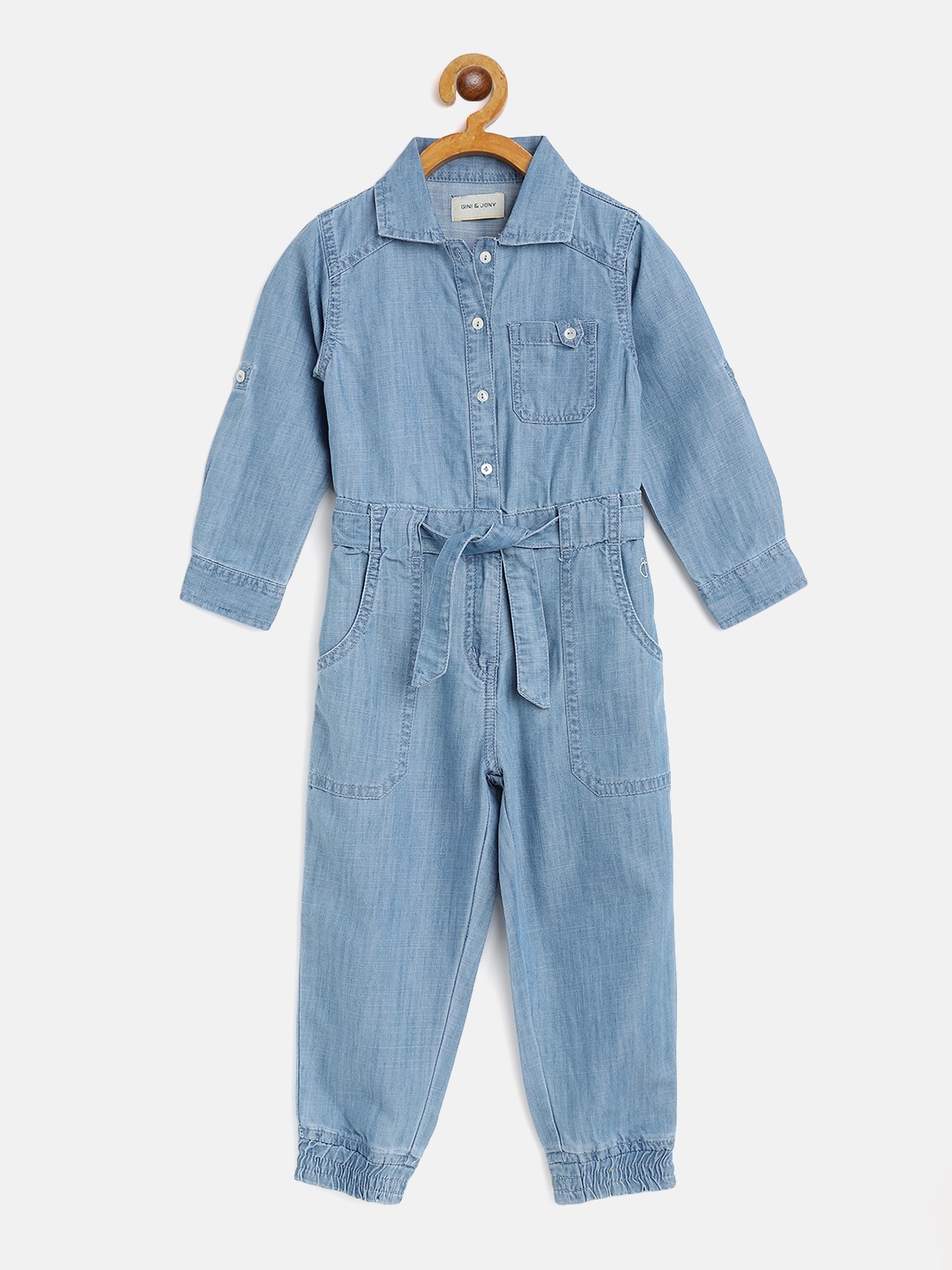 

Gini and Jony Infant Girls Blue Washed Chambray Basic Jogger Jumpsuit with Belt