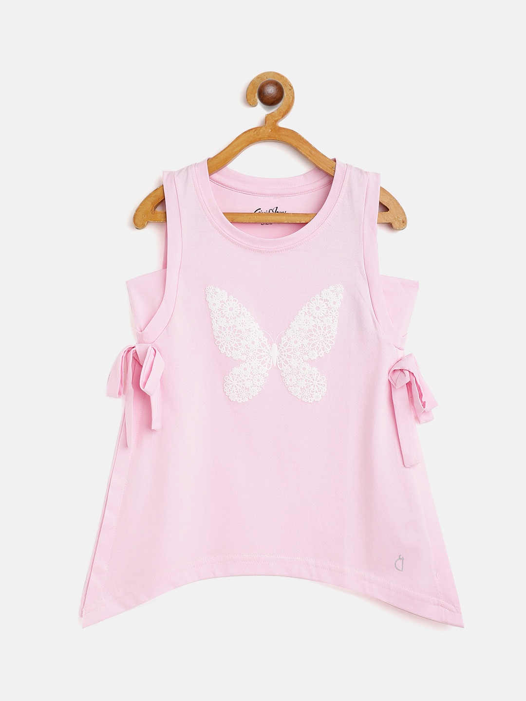 

Gini and Jony Girls Pink & White Butterfly Print Regular Cotton Top with Tie-Ups