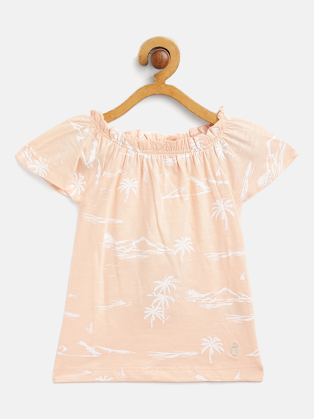 

Gini and Jony Infant Girls Peach-Coloured & White Tropical Pure Cotton Bardot Top