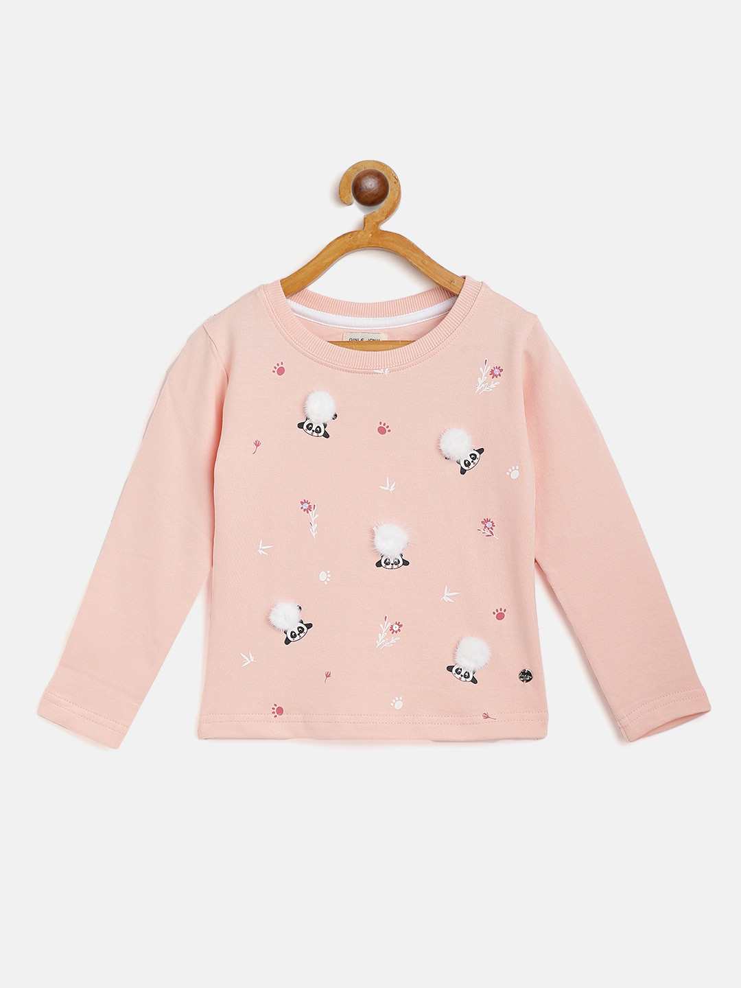 

Gini and Jony Girls Peach-Coloured White Panda Print Faux Fur Applique Pure Tee