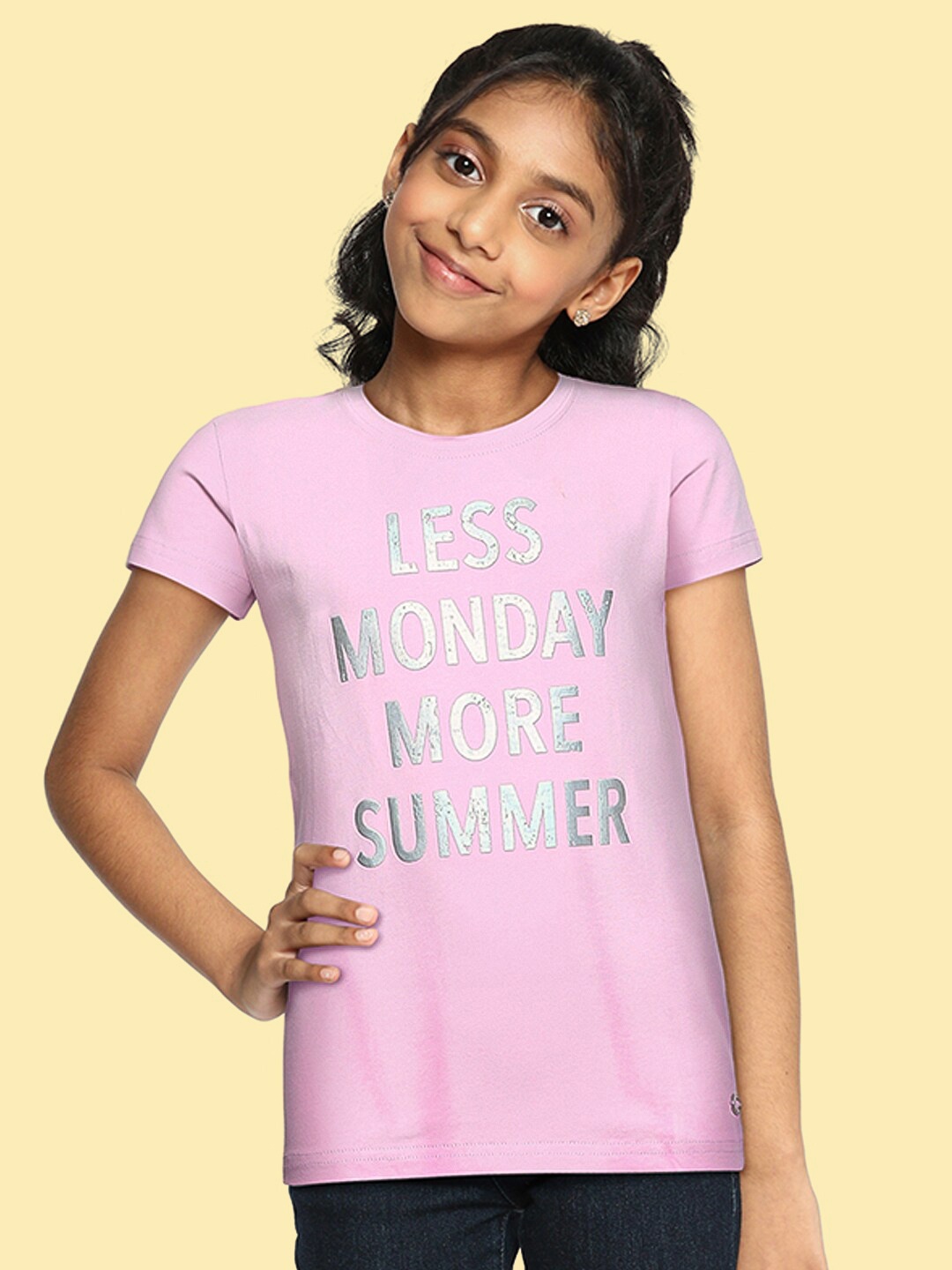 

Gini and Jony Girls Lavender Typography Printed Round Neck T-shirt