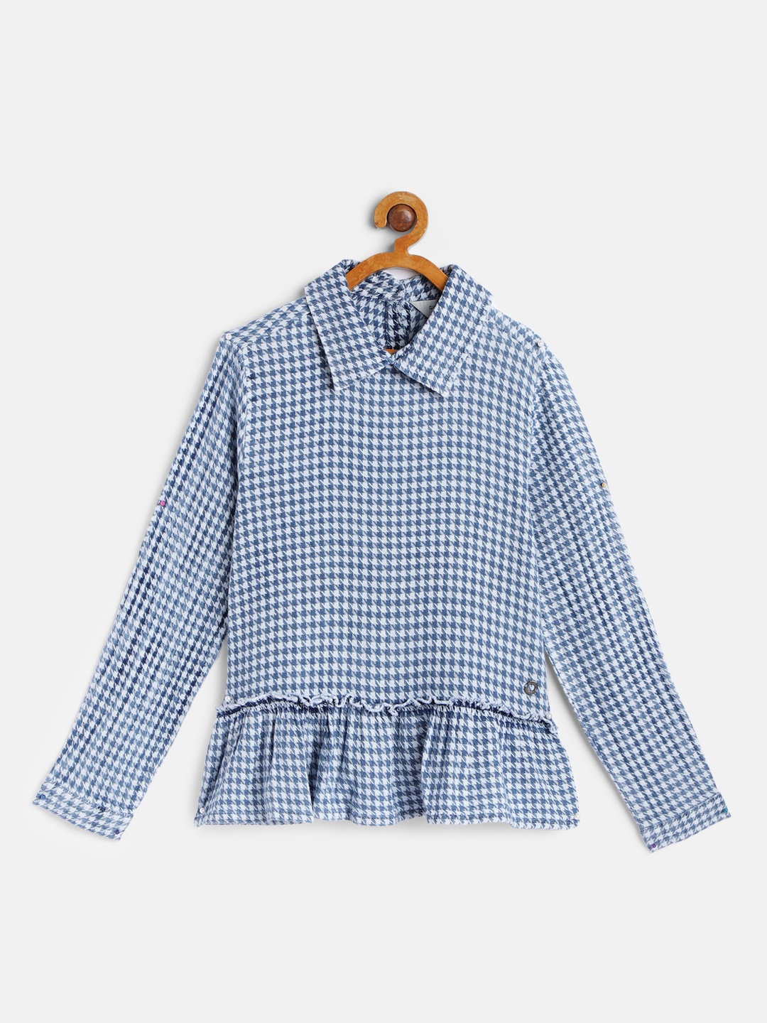 

Gini and Jony Blue & White Houndstooth Self Design Cotton Peplum Top