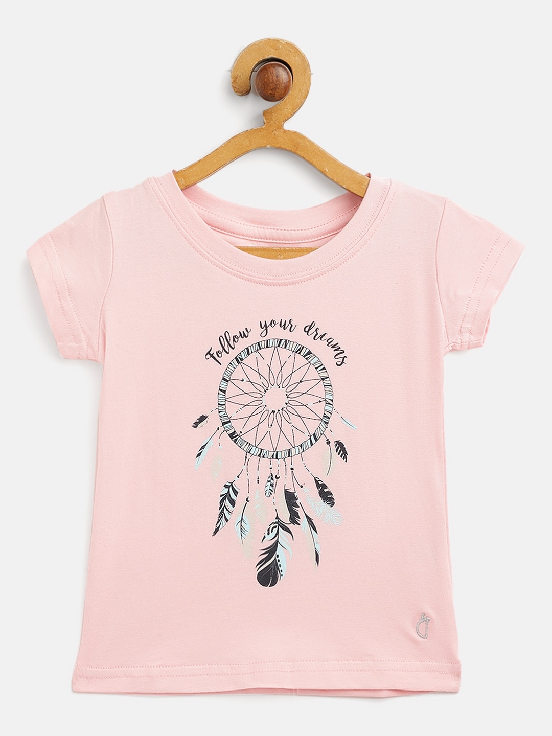 

Gini and Jony Infant Girls Peach-Coloured & Blue Typography & Dream Catcher Print T-shirt